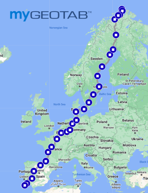 map of chaine ev trip with my geotab logo on top right